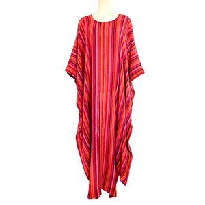 VINTAGE MUMU Semi-Sheer Woven Striped House Dress Coverup Pink Red Orange Purple